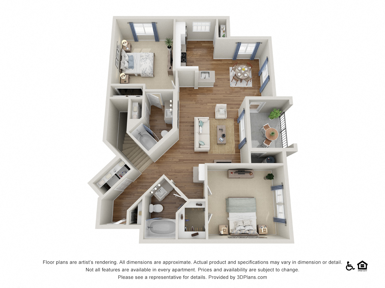 Floor plan for 2 beds, 2 baths, 1162 sqft